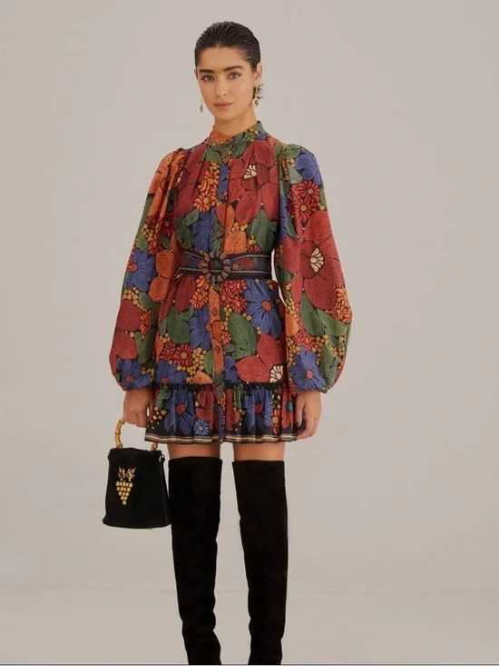 FARM Rio Black Floral Embroidered Mini Dress with Multicolor Stitching - Picture 2 of 5